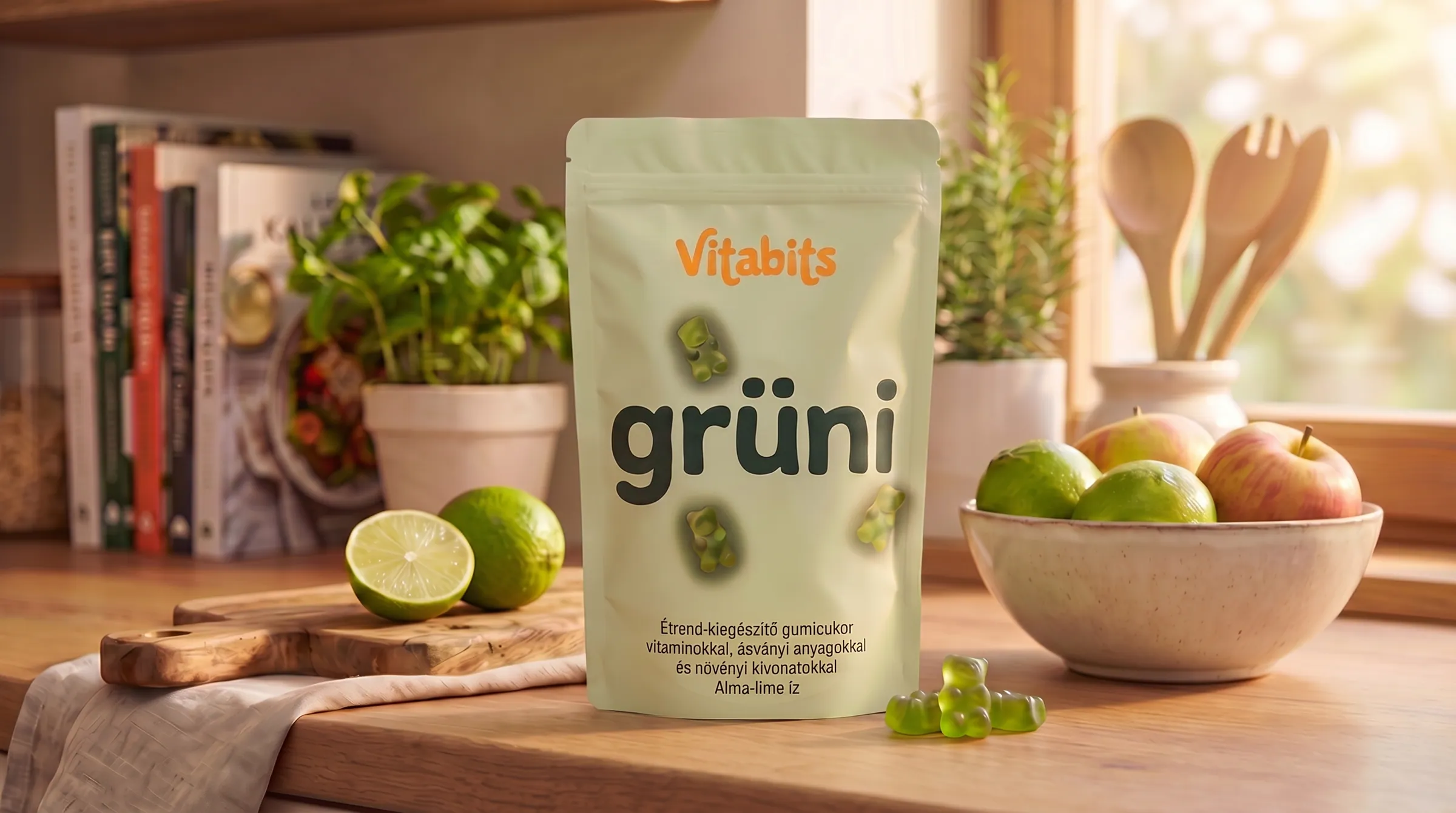 Vitabits grüni gumivitamin — elégedett vásárló a tasakkal a konyhában